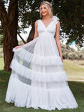 Plunging Neck Layer Ruffle Hem Mesh Wedding Dress - Elonnashop