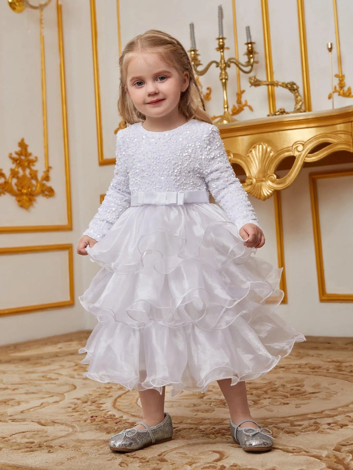 Young Girls' Sequin Contrast Layered Organza Hem Dress - Elonnashop