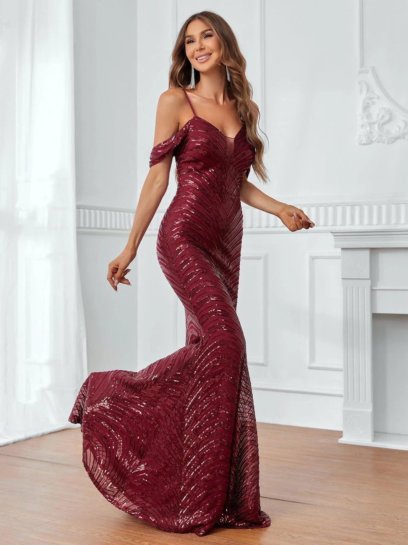 Cold Shoulder Backless Sequin Mermaid Dresses - Elonnashop