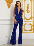 Halter Neck Backless Sequin Party Jumpsuit - Elonnashop