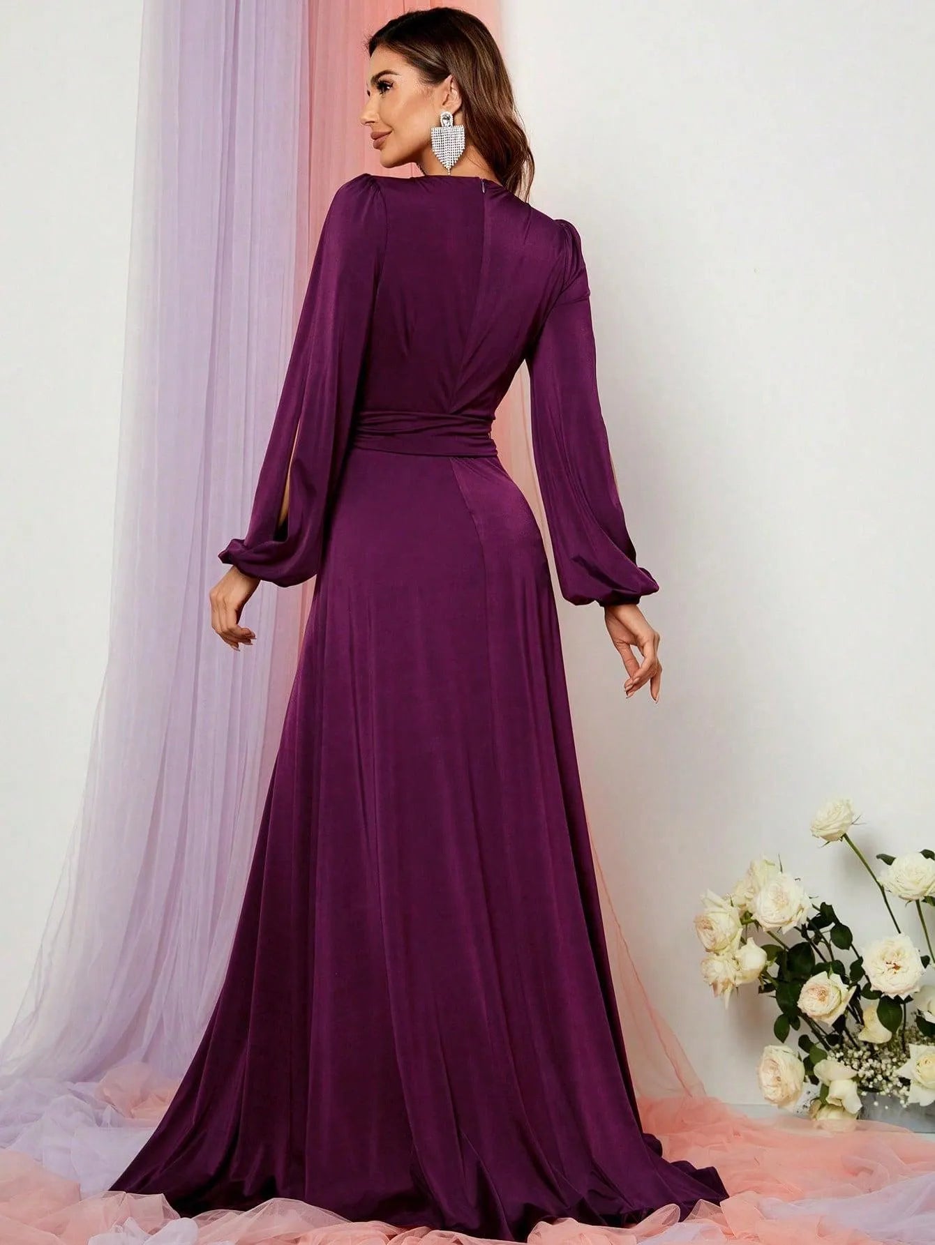 Elegant V Neck Slit Long Sleeve A-Line Dress - Elonnashop