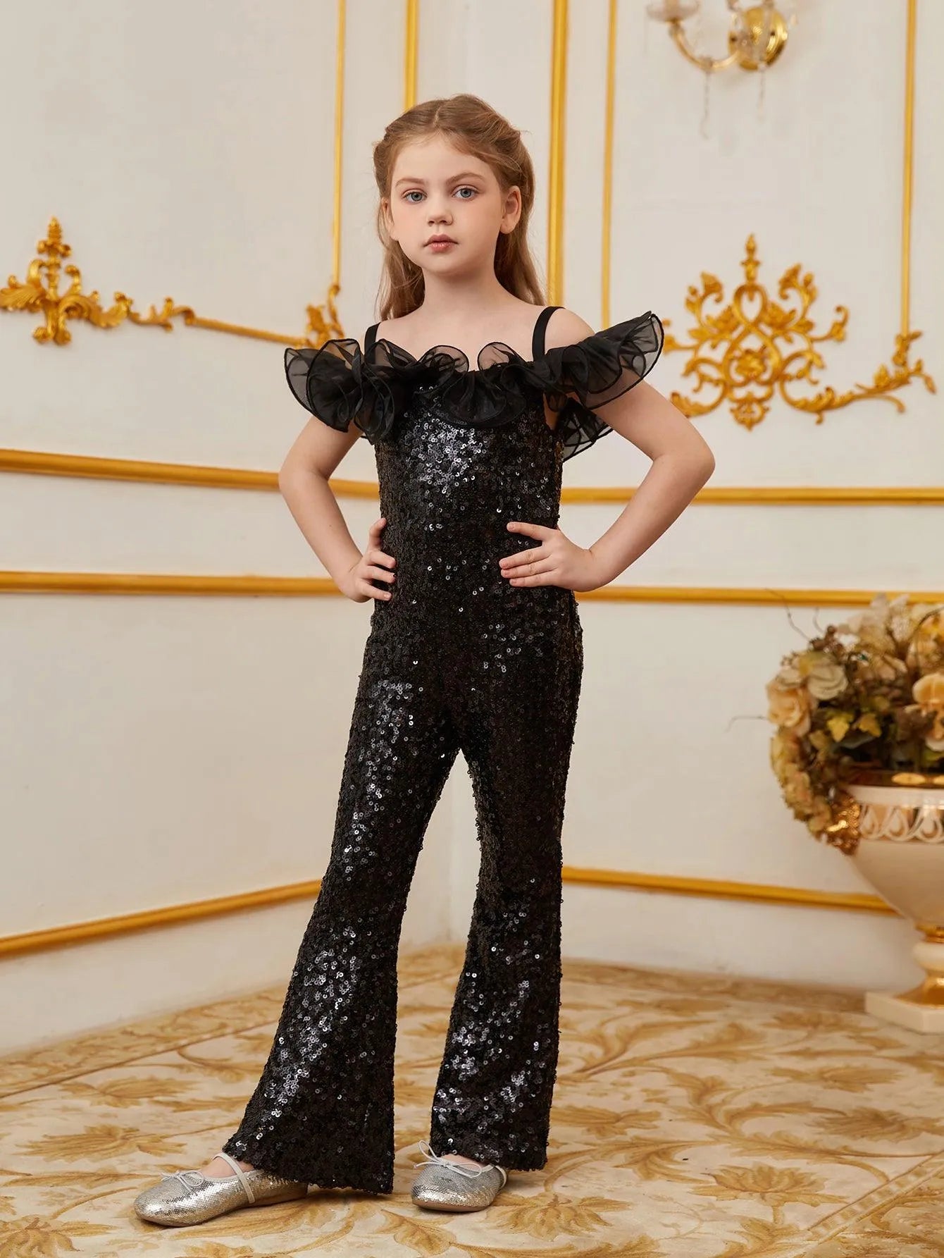 Tween Girls' Off Shoulder Sequin Party Jumpsuit - Elonnashop