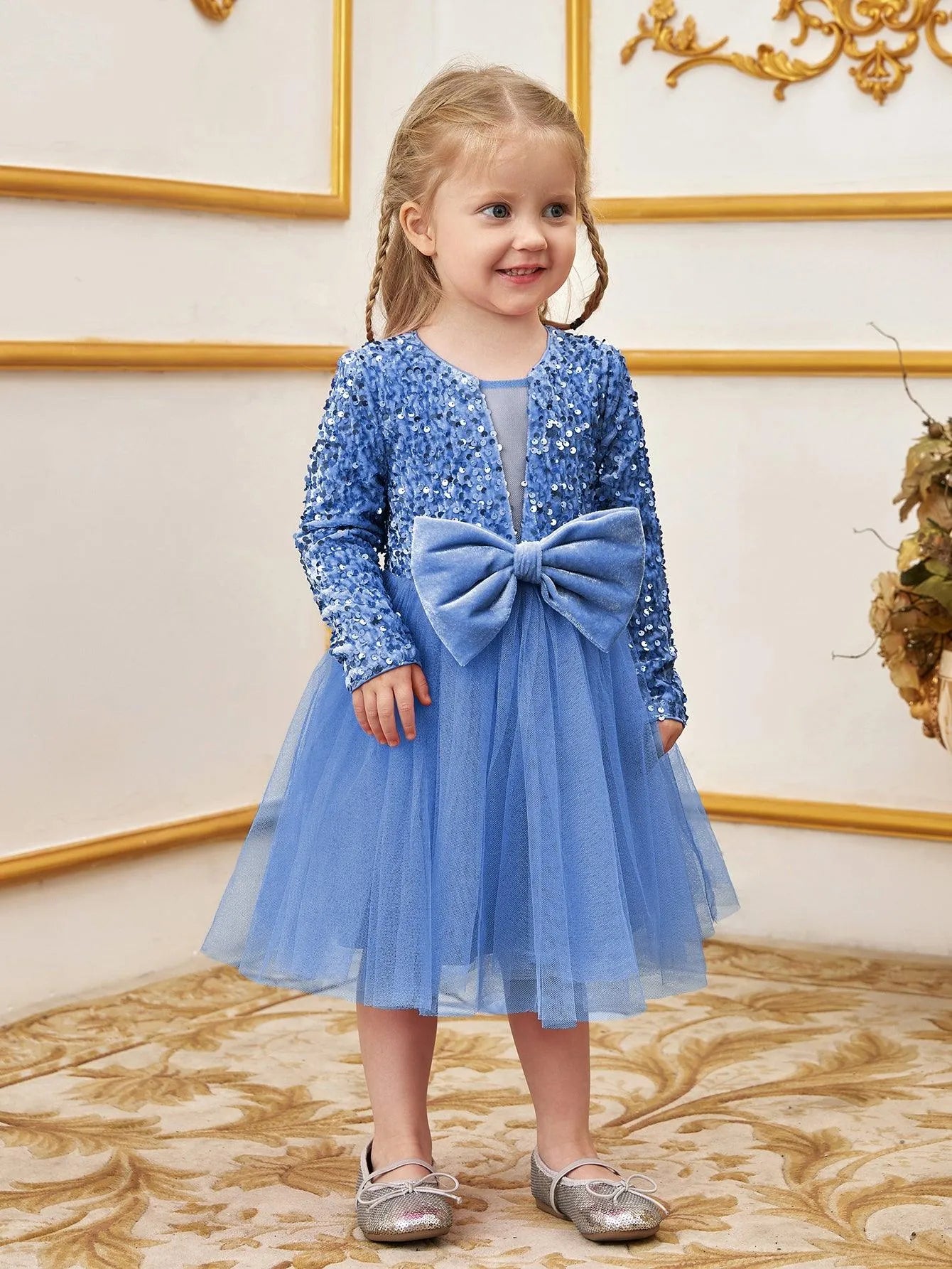 Young Girls' Cute Bow Front Long Sleeve Party Dress - Elonnashop