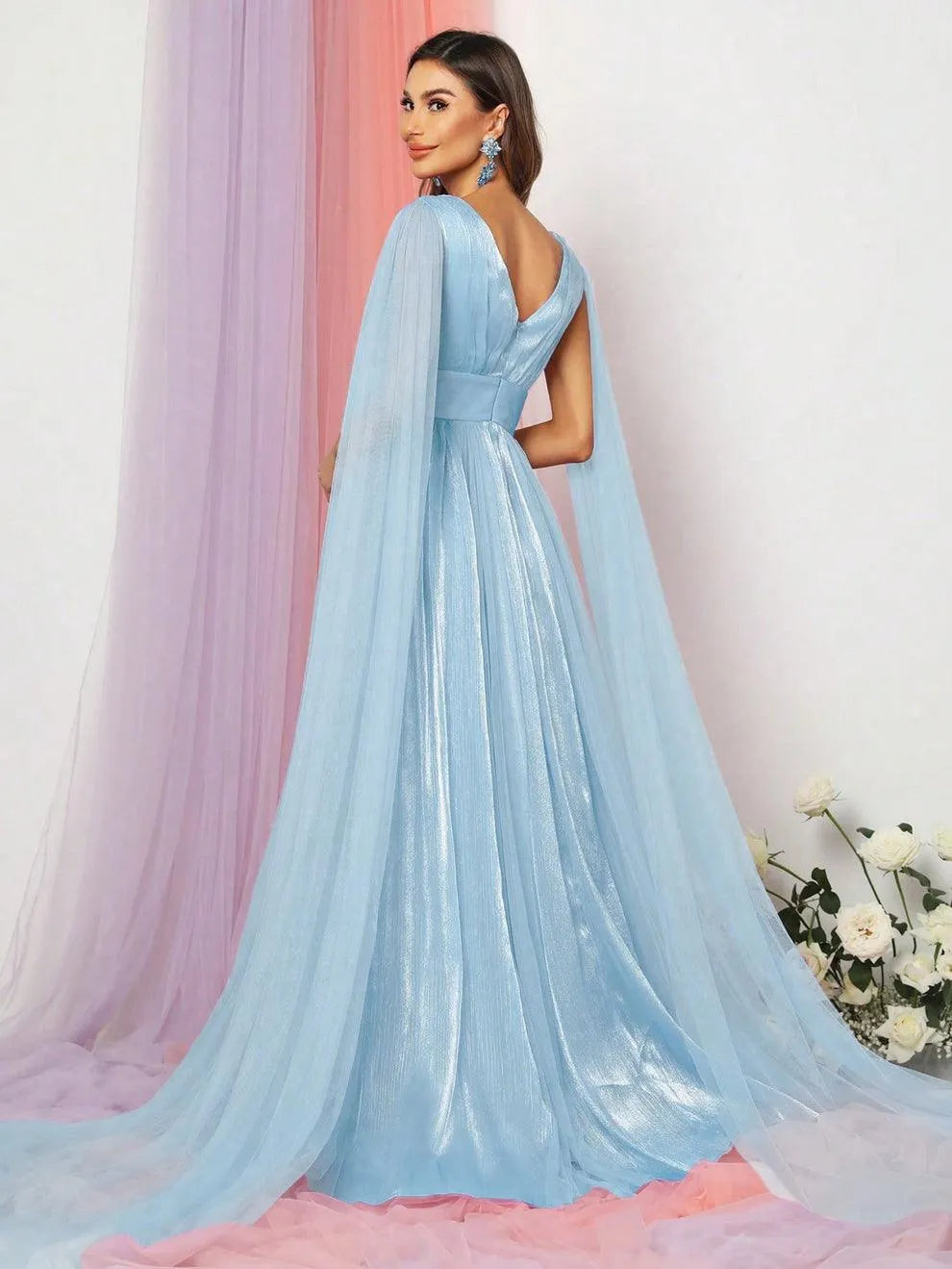 Plunging Neck A Line Bridesmaid dress With Cape - Elonnashop