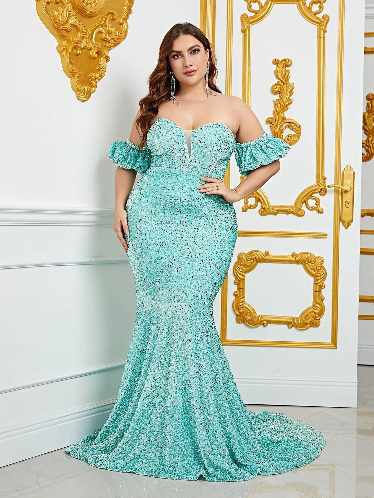 Plus Off Shoulder Puff Sleeves Mermaid Sequin Prom Dress - Elonnashop