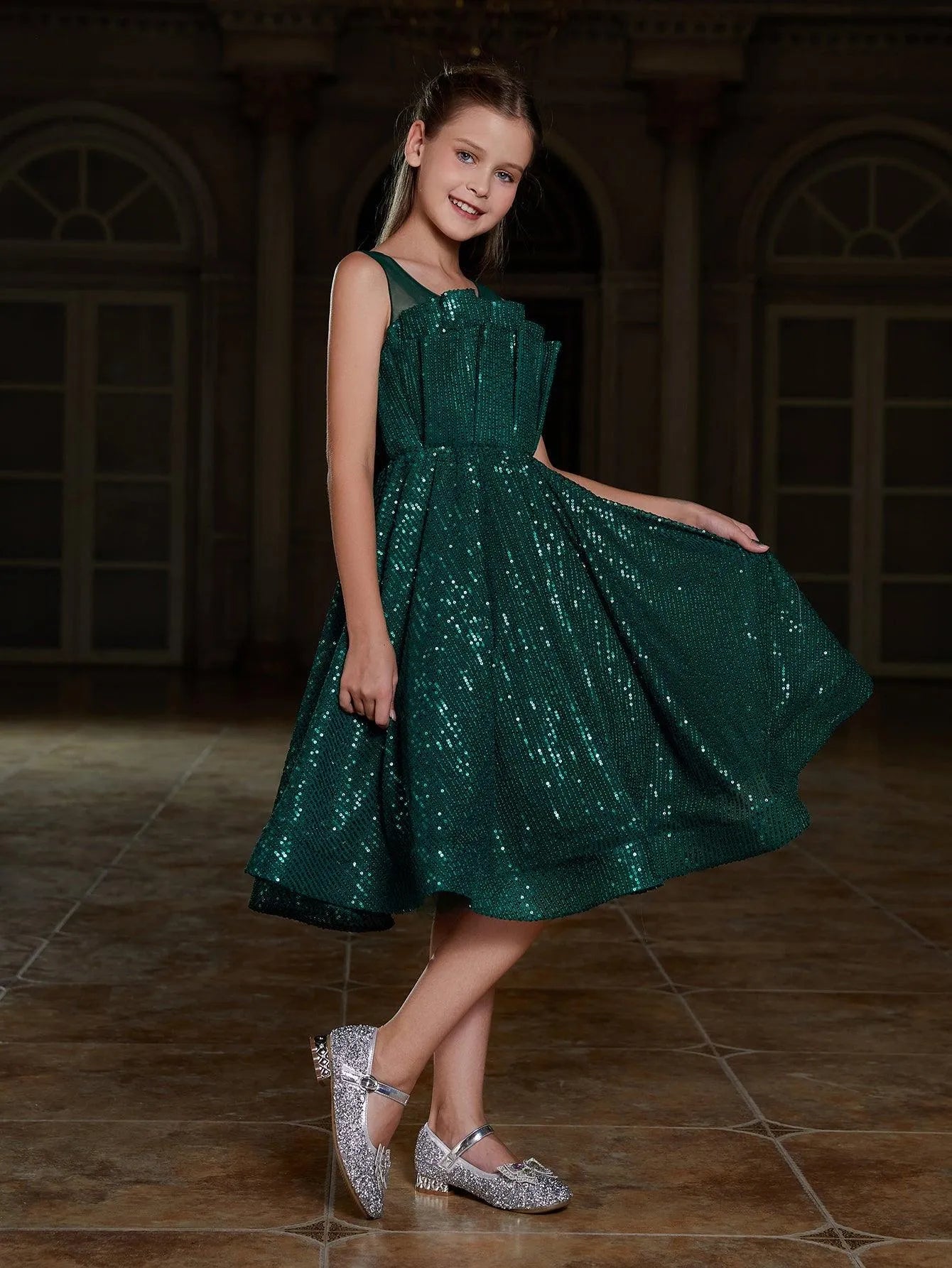 Tween Girls' Pleated Front Sleeveless Sequin Party Dresses - Elonnashop