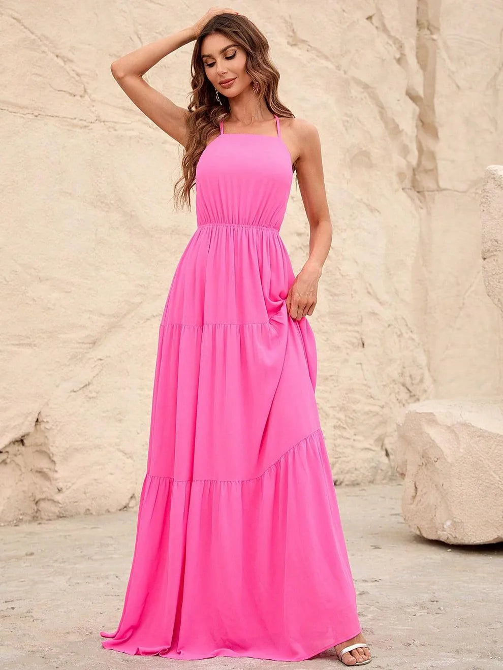 Back Lace Up Chiffon Tiered Maxi Dress - Elonnashop