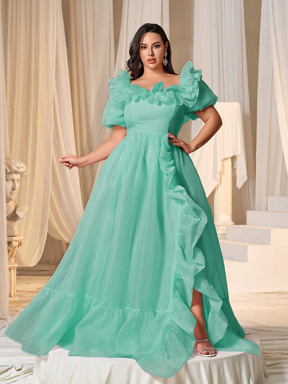 Plus Square Collar Ruffle Trim Puff Sleeves Organza Prom Dress