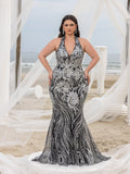 Plus Elegant Halter Neck Backless Floral Sequin Mermaid Dresses