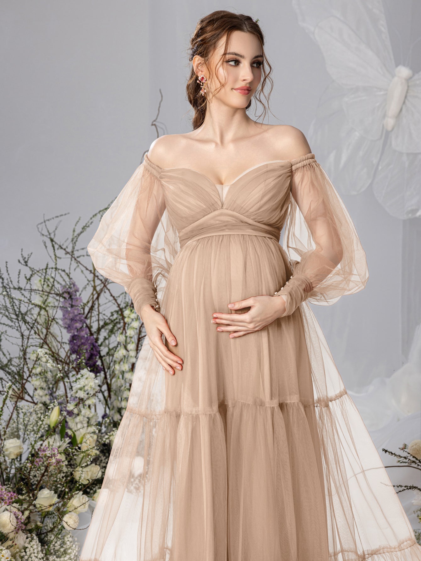 Maternity Off Shoulder Bishop Sleeves Layered Tulle Photography Dress