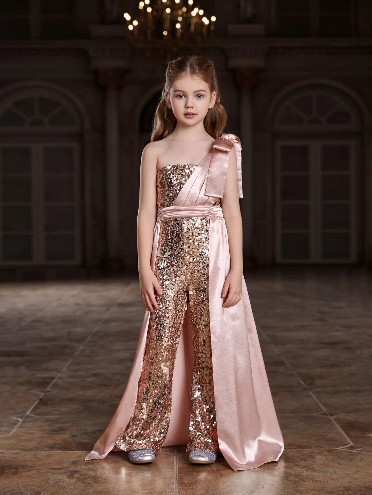 Tween Girls' One Shoulder Satin Overlay Sequin Jumpsuit - Elonnashop