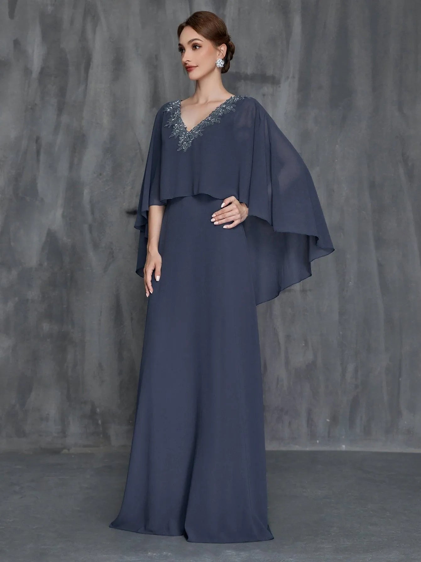 Womens' Solid Applique Detail V Neck Chiffon Cape Dress - Elonnashop