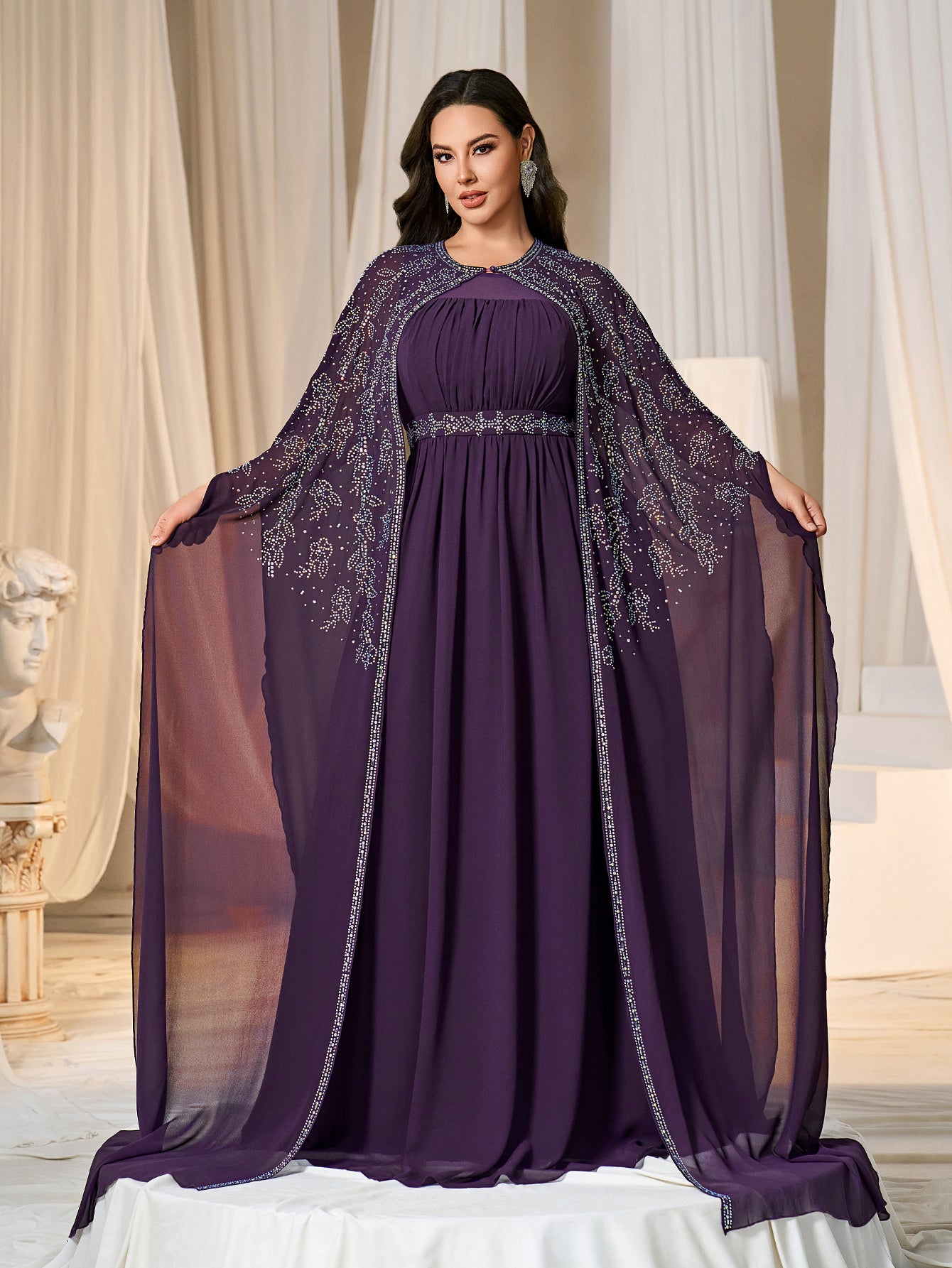 Plus Gorgeous Two-Piece Chiffon Evening Dress | Rhinestone Cape Sleeves & A-Line Skirt with Cathedral Train