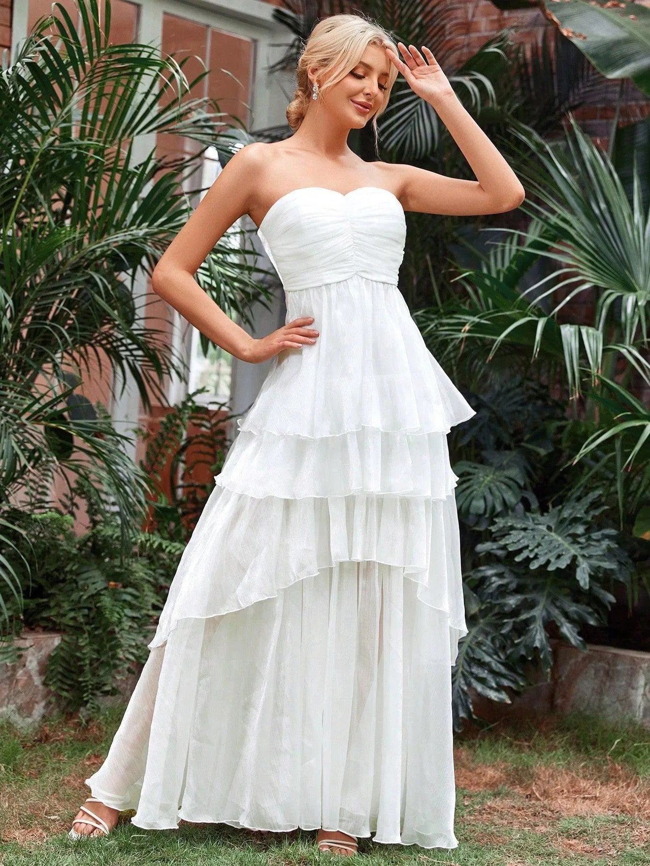 Ruched Bust Layer Hem Chiffon Tube Wedding Dress - Elonnashop