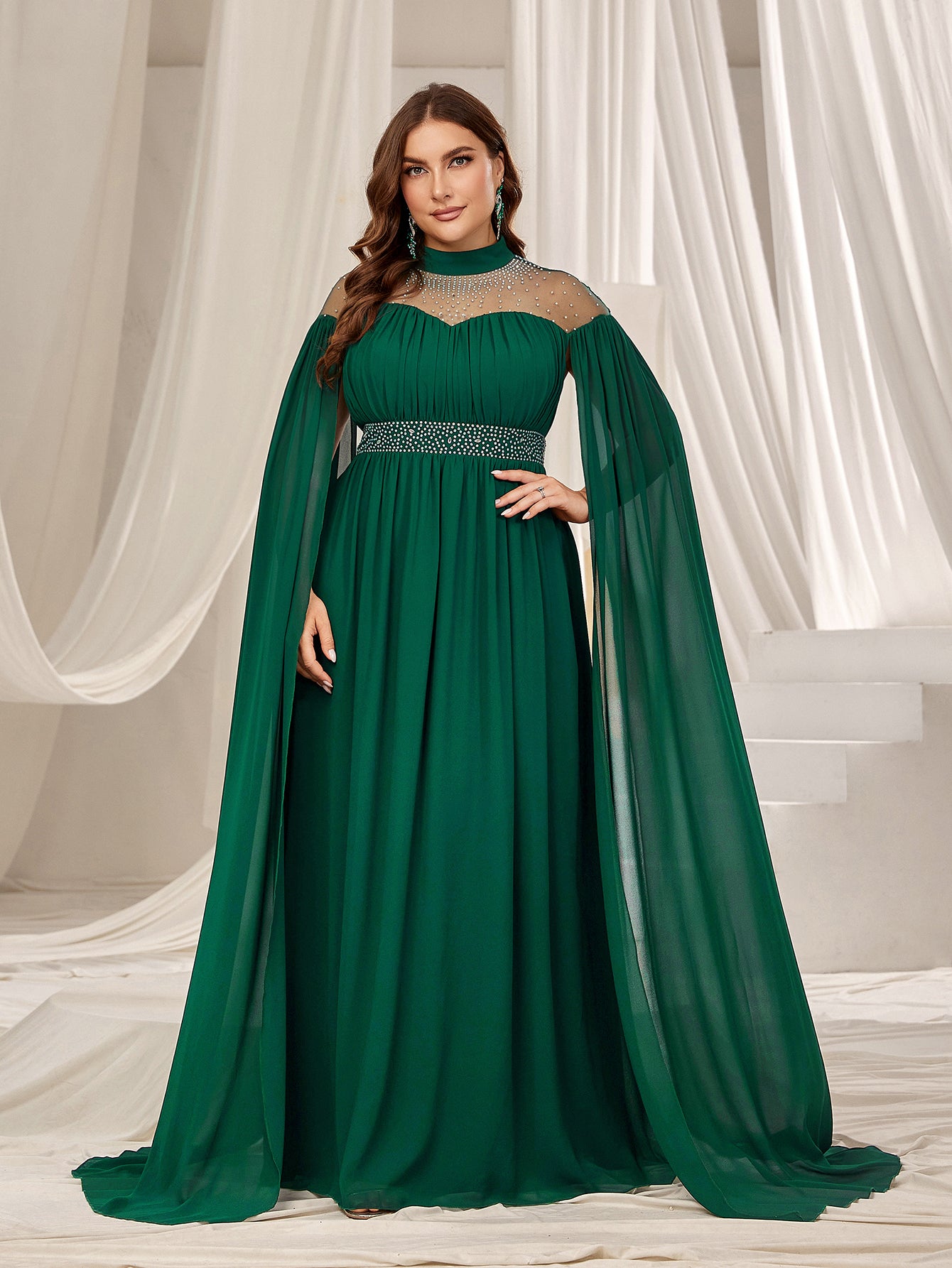 Plus Dramatic Cape Evening Dress | High Neck Chiffon with Rhinestone Details