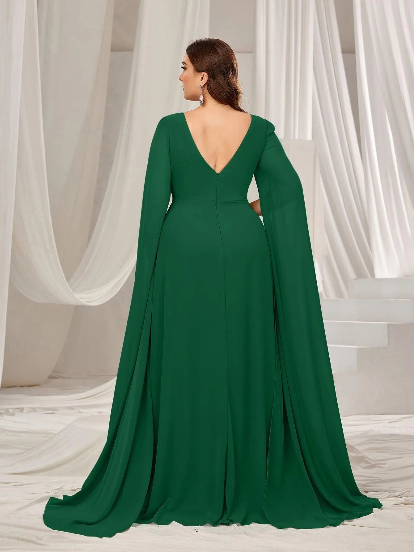 Plus Solid Ruched Front Extra-Long Sleeves Chiffon Prom Dress - Elonnashop