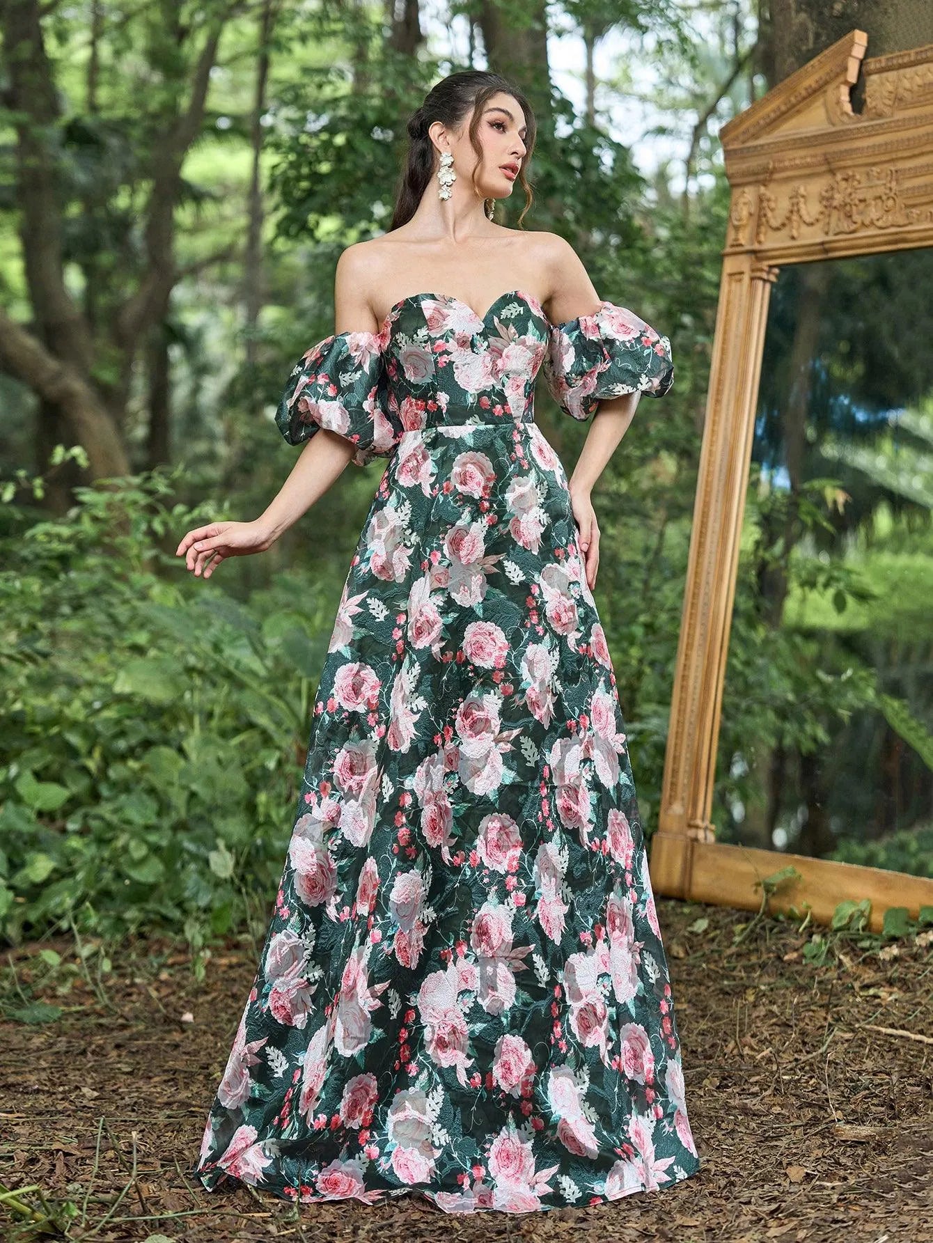 Floral Jacquard Off Shoulder Puff Sleeves Prom Dress - Elonnashop