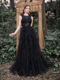 Gorgeous Applique Detail Cascading Ruffle Hem Tulle Prom Dress - Elonnashop