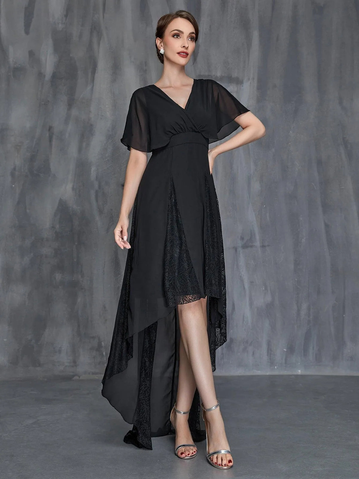 Womens' Surplice Neck High Low Hem Chiffon Dress - Elonnashop