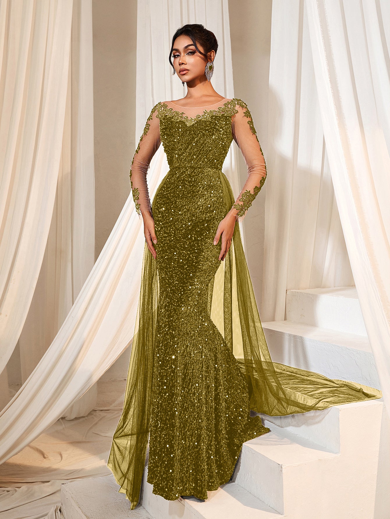 Elegant Sheer Sleeves Mesh Train Sequin Evening Dress