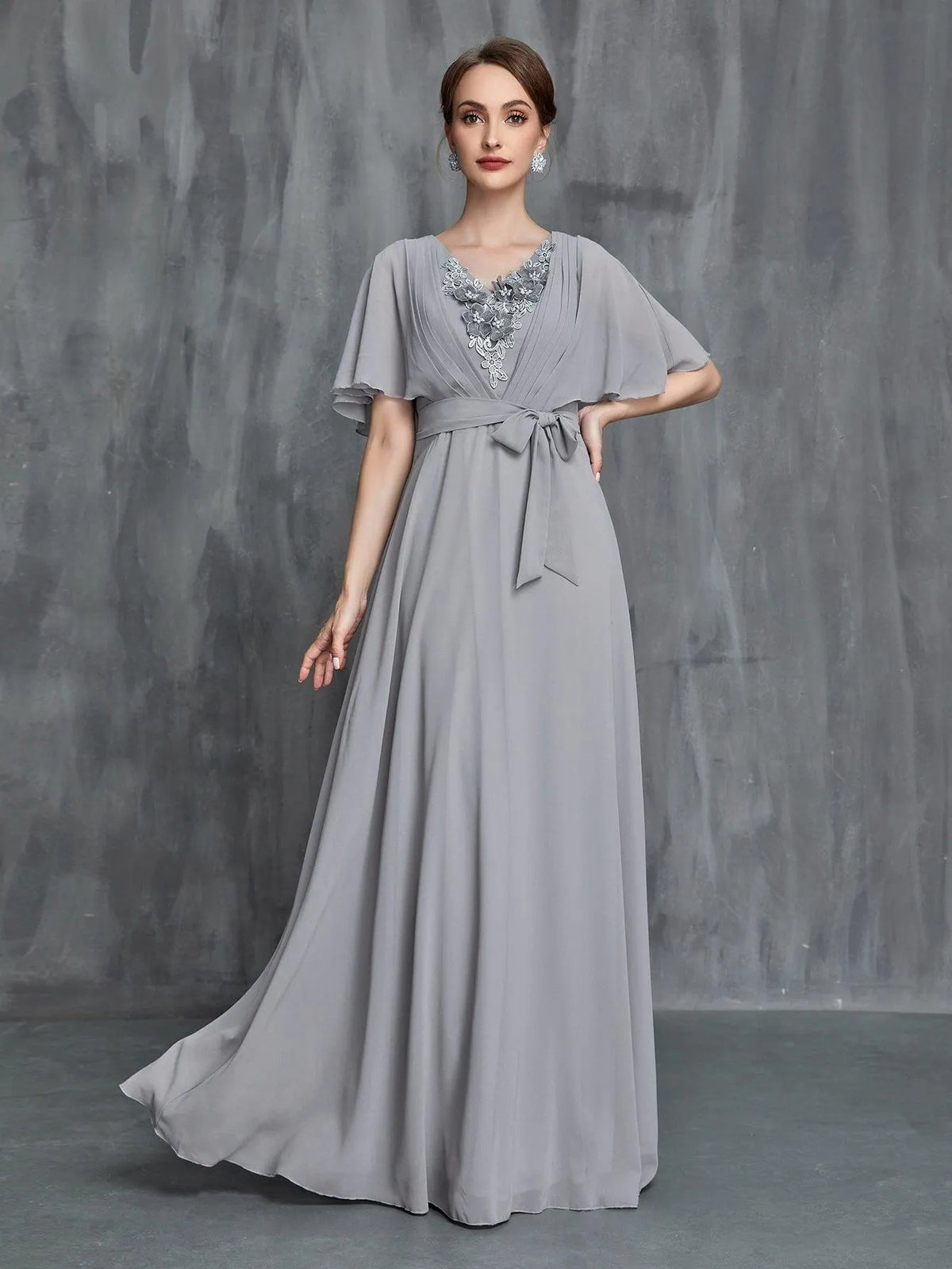 Womens' Applique Detail Butterfly Sleeves Chiffon Belted Dress - Elonnashop