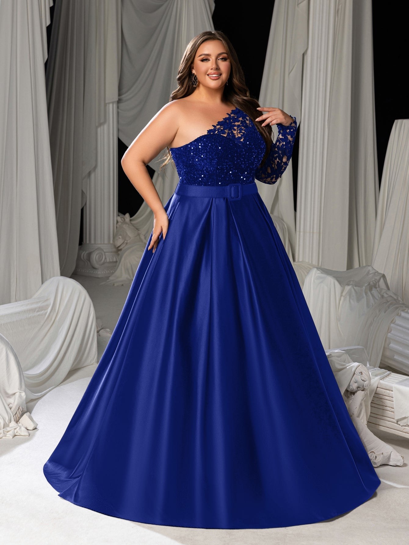 Plus Size Elegant Lace One-Shoulder Evening Gown - Formal Dress with Single Sleeve & Waist Belt