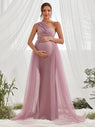 Maternity One Shoulder Contrast Mesh Mermaid Prom Dress - Elonnashop