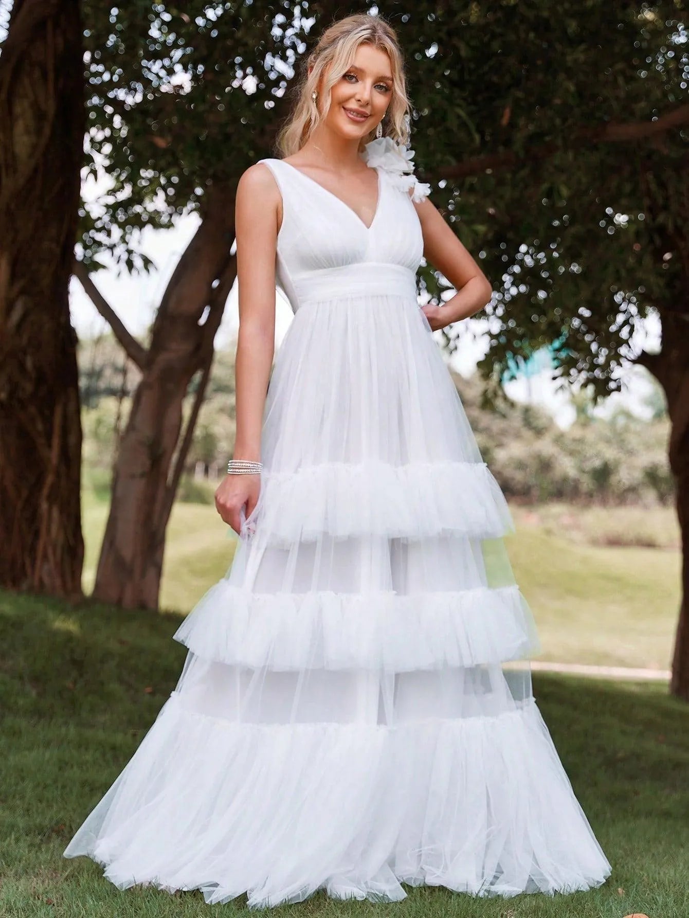 Plunging Neck Layer Ruffle Hem Mesh Wedding Dress - Elonnashop