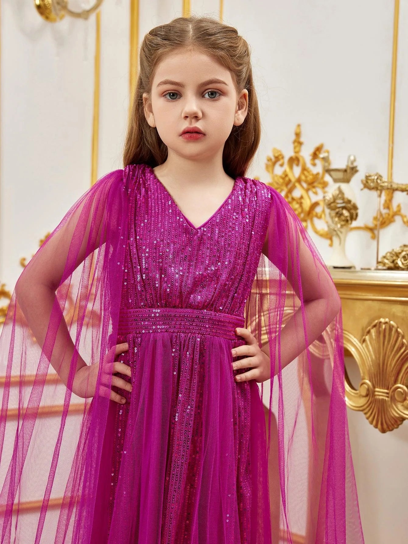 Tween Girls' Contrast Mesh Cape Sleeves Sequin Party Dress - Elonnashop