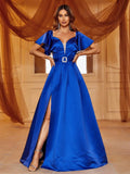 Elegant Ruffle Sleeve Split Thigh Buckle Belted Satin Dresses - Elonnashop