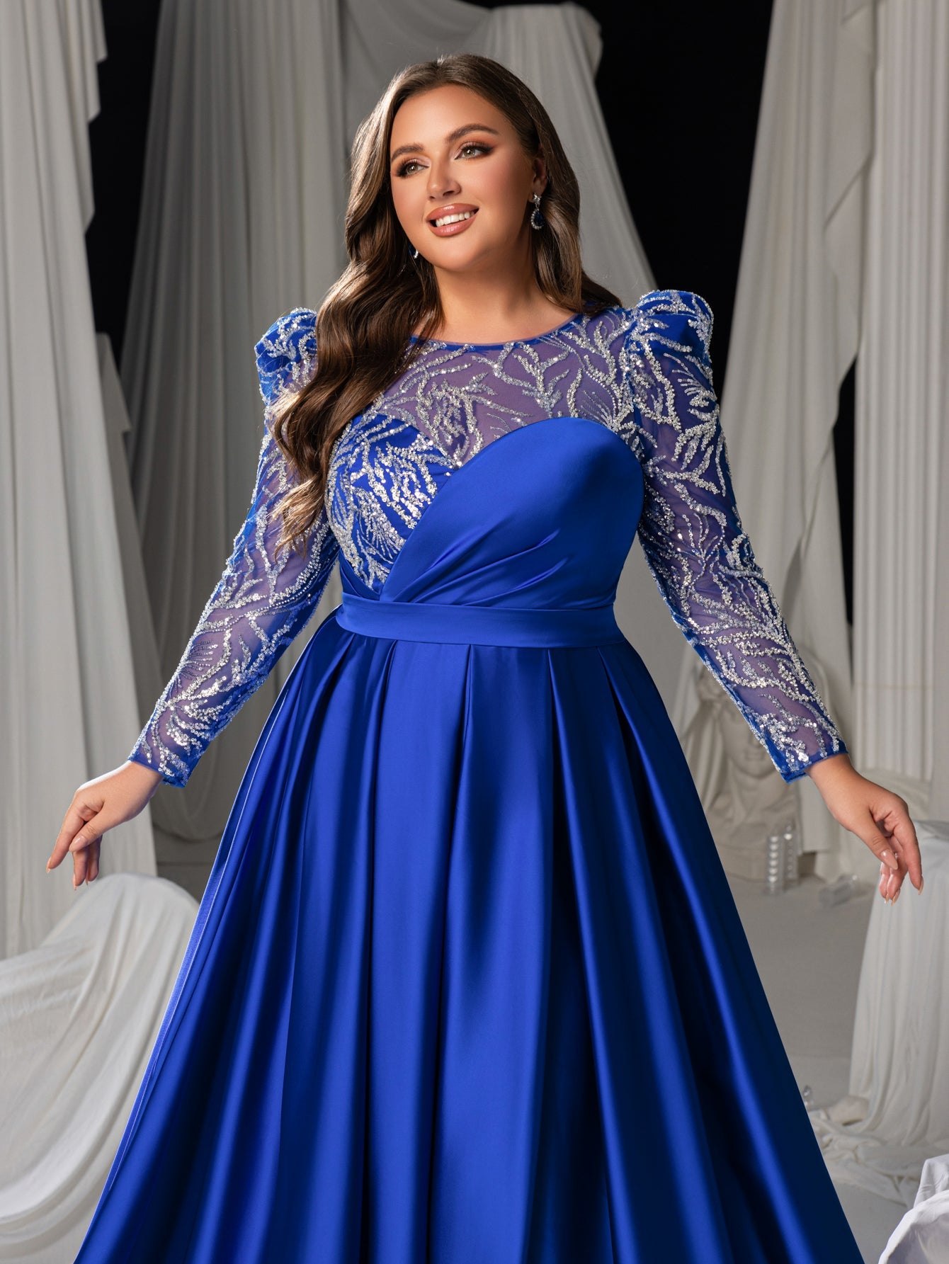 Plus Women's Sequin Bodice Formal Gown | Long Sleeves | Full Flared Skirt