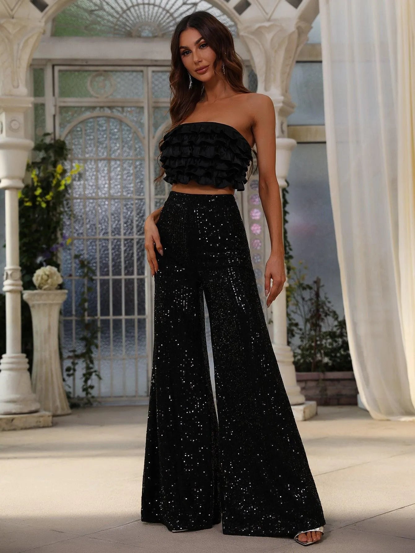 Fancy Black Sequin Two Piece Sets - Elonnashop