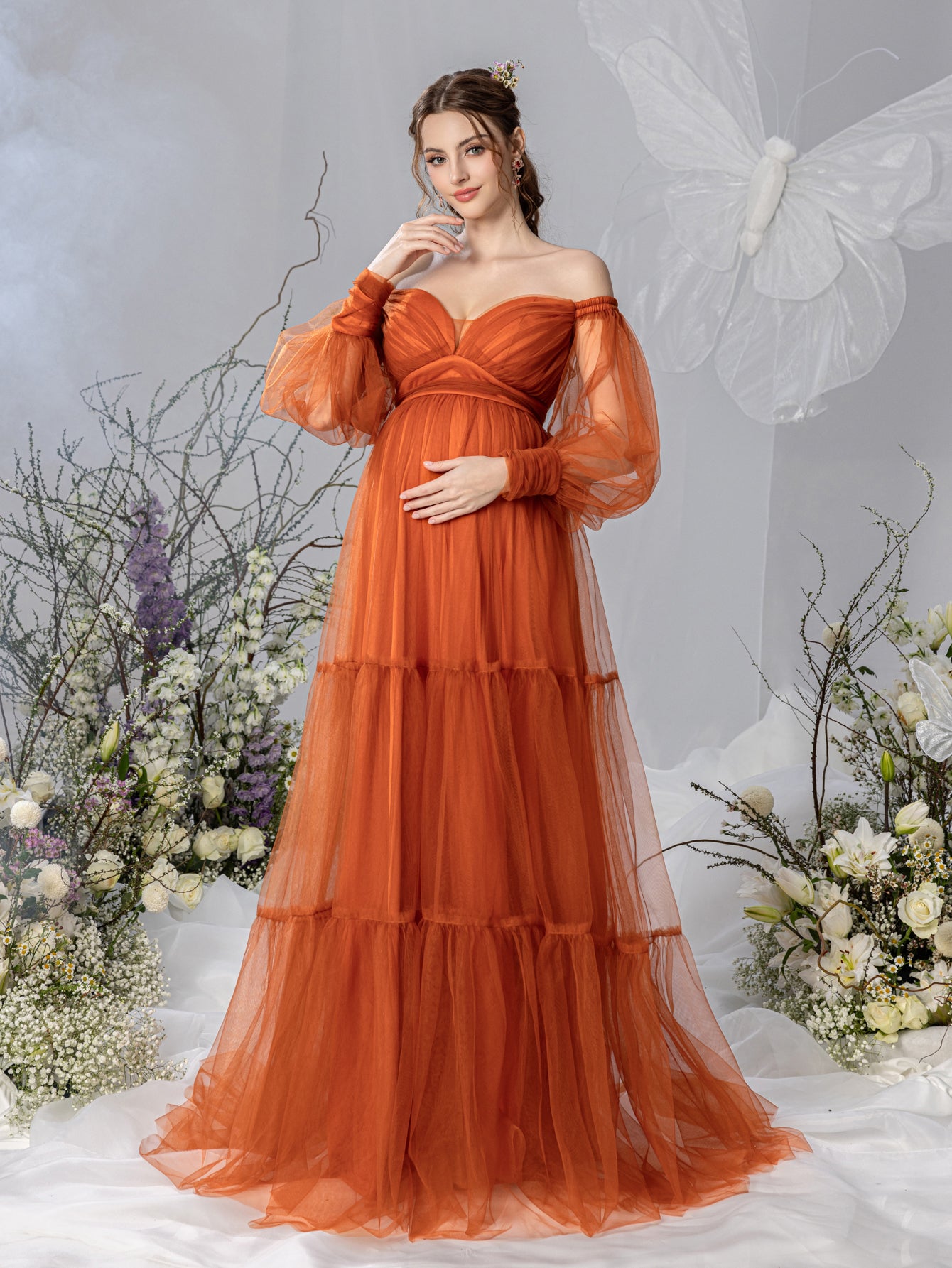 Maternity Off Shoulder Bishop Sleeves Layered Tulle Photography Dress