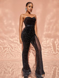 Chic Rhinestone Detail Sheer Mesh Contrast Sequin Tube Jumpsuit - Elonnashop