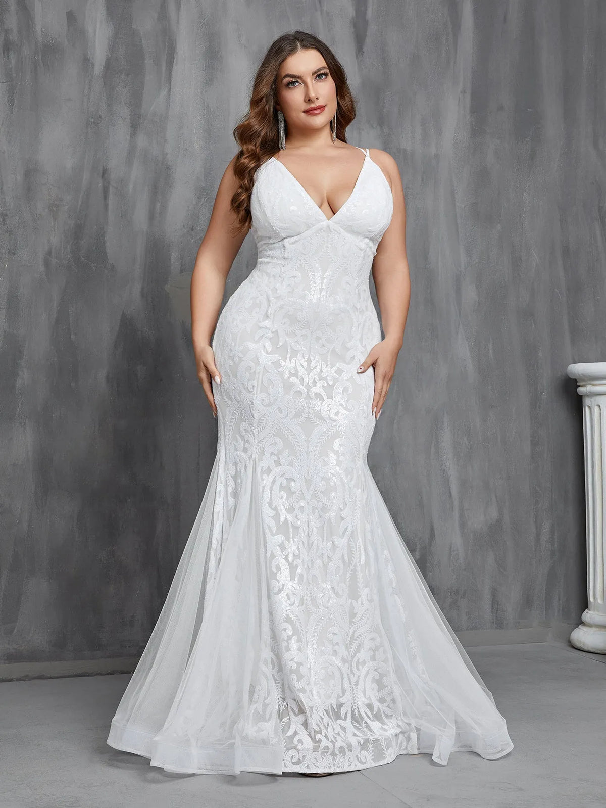 Plus Stylish Lace-up Back Mermaid Hem Sequin Wedding Dress