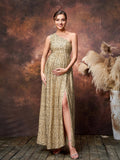 Maternity One Shoulder Split Thigh Sequin Party Dress