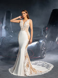 Elegant Plunging Neck Backless Contrast Lace Mermaid Hem Maxi Wedding Dress