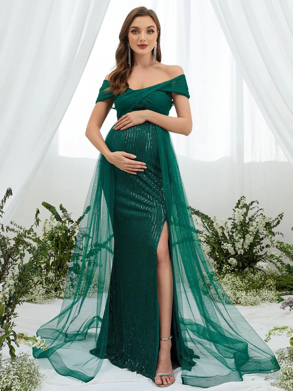 Maternity Off Shoulder Split Sequin Mermaid Dress - Elonnashop