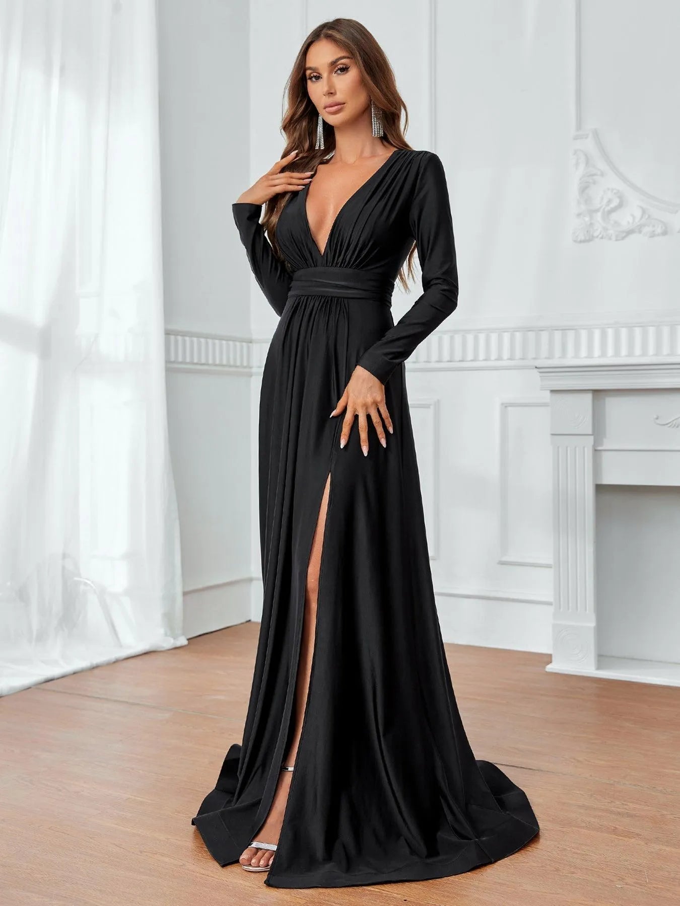 Elegant Plunging Neck Floor Length A Line Dress - Elonnashop