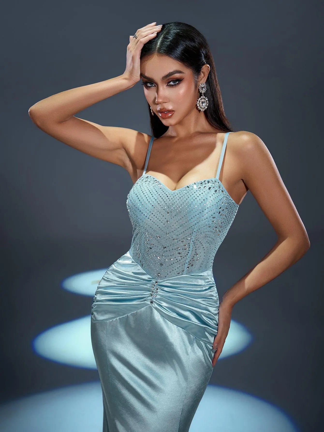 Rhinestone Detail Spaghetti Straps Satin Mermaid Dress - Elonnashop