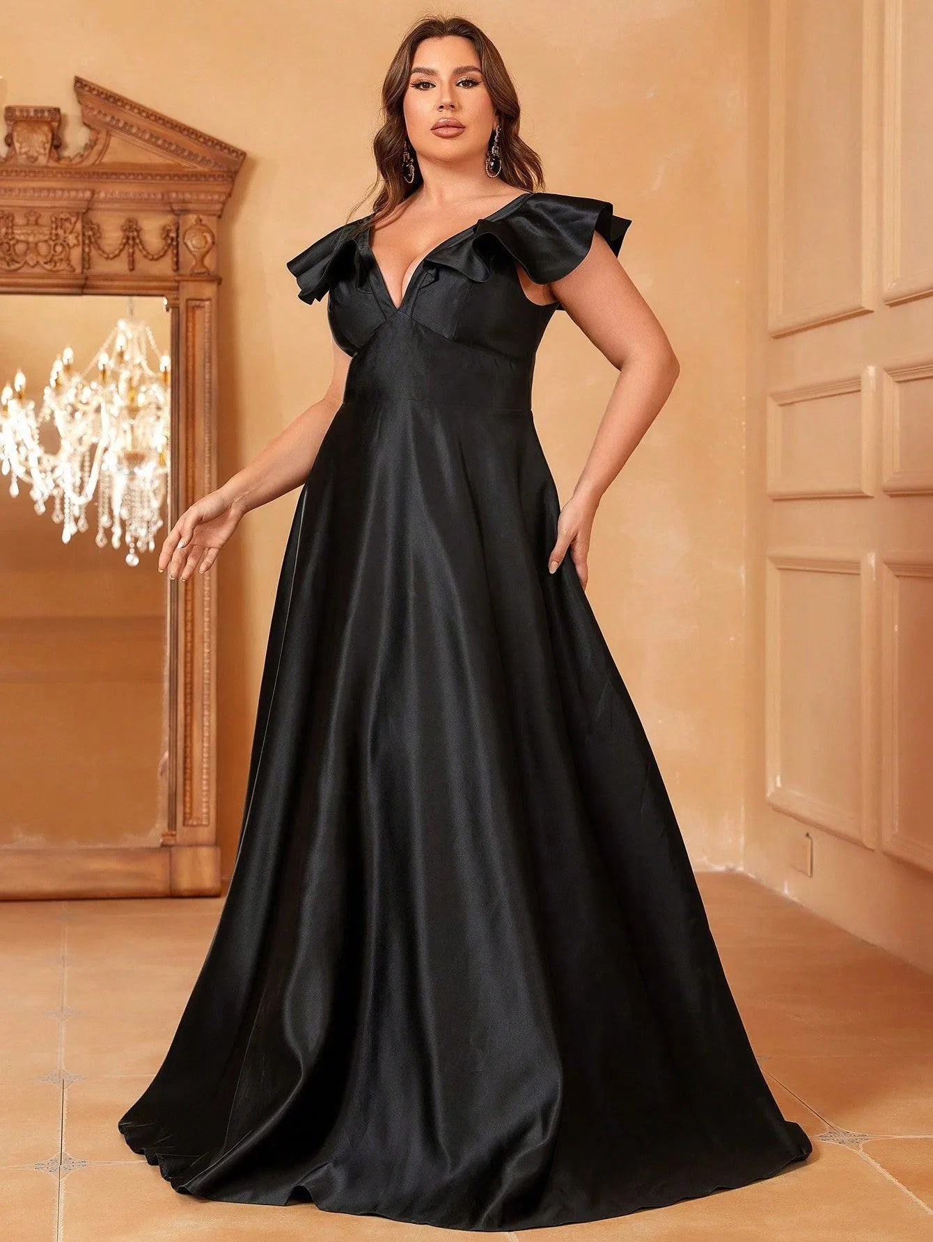 Plus Ruffle Trim Deep V Neck Satin Formal Dress - Elonnashop