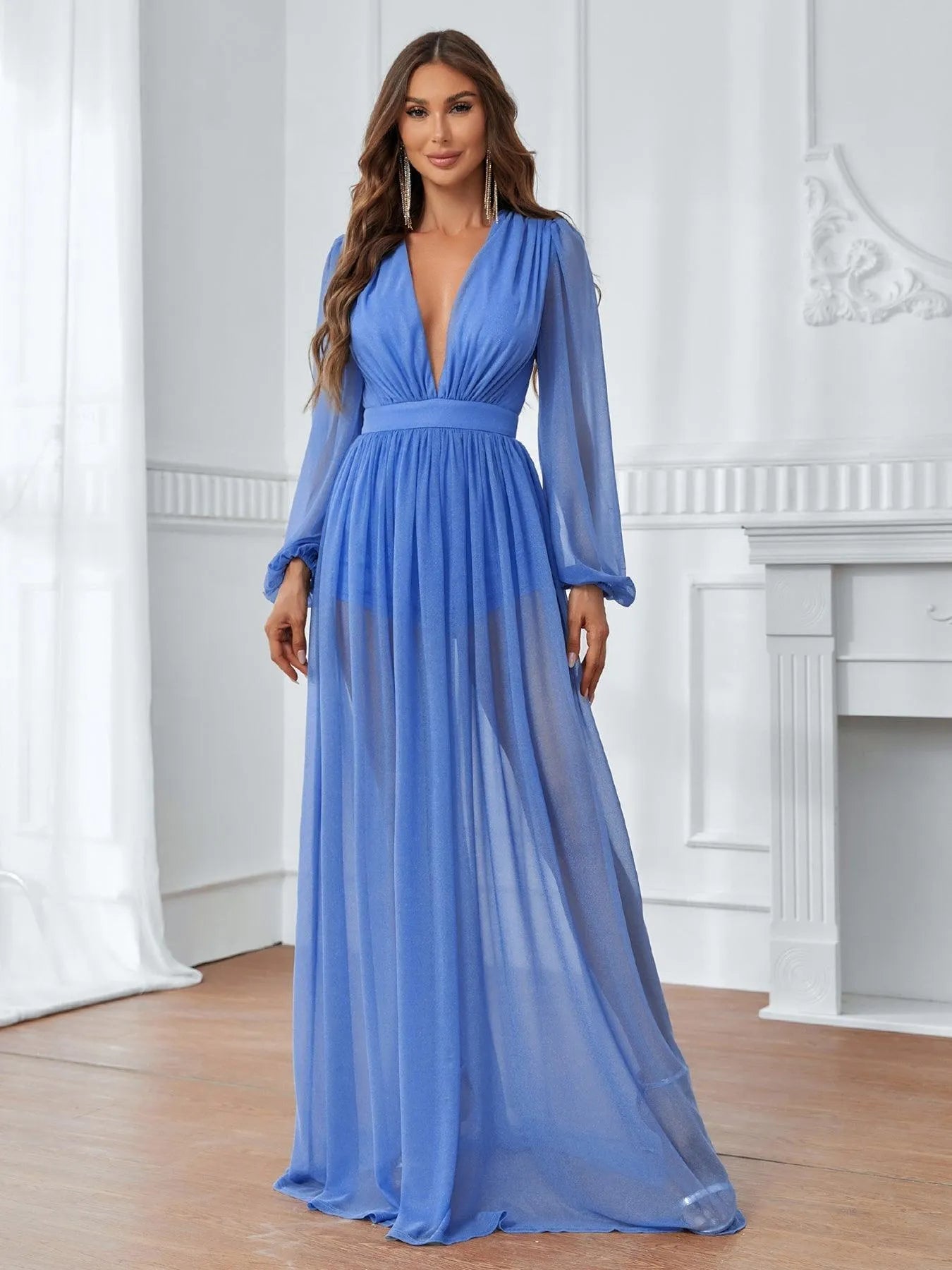 Plunging Neck Lantern Sleeve Floor Length A Line Dress - Elonnashop