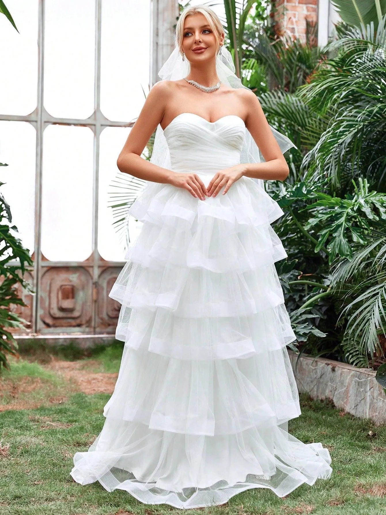 Ruffle Layered Hem Tube Wedding Dresses - Elonnashop