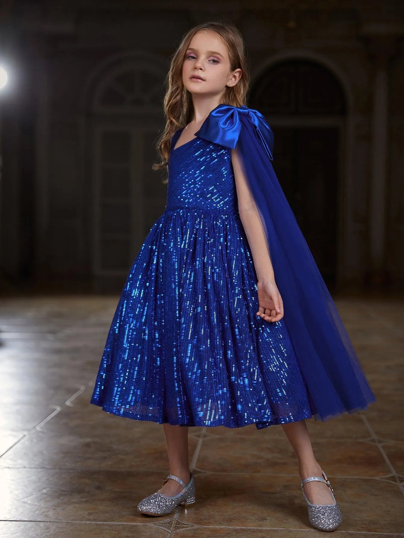 Tween Girls' Bow Detail Draped Side Sequin Midi Dress - Elonnashop