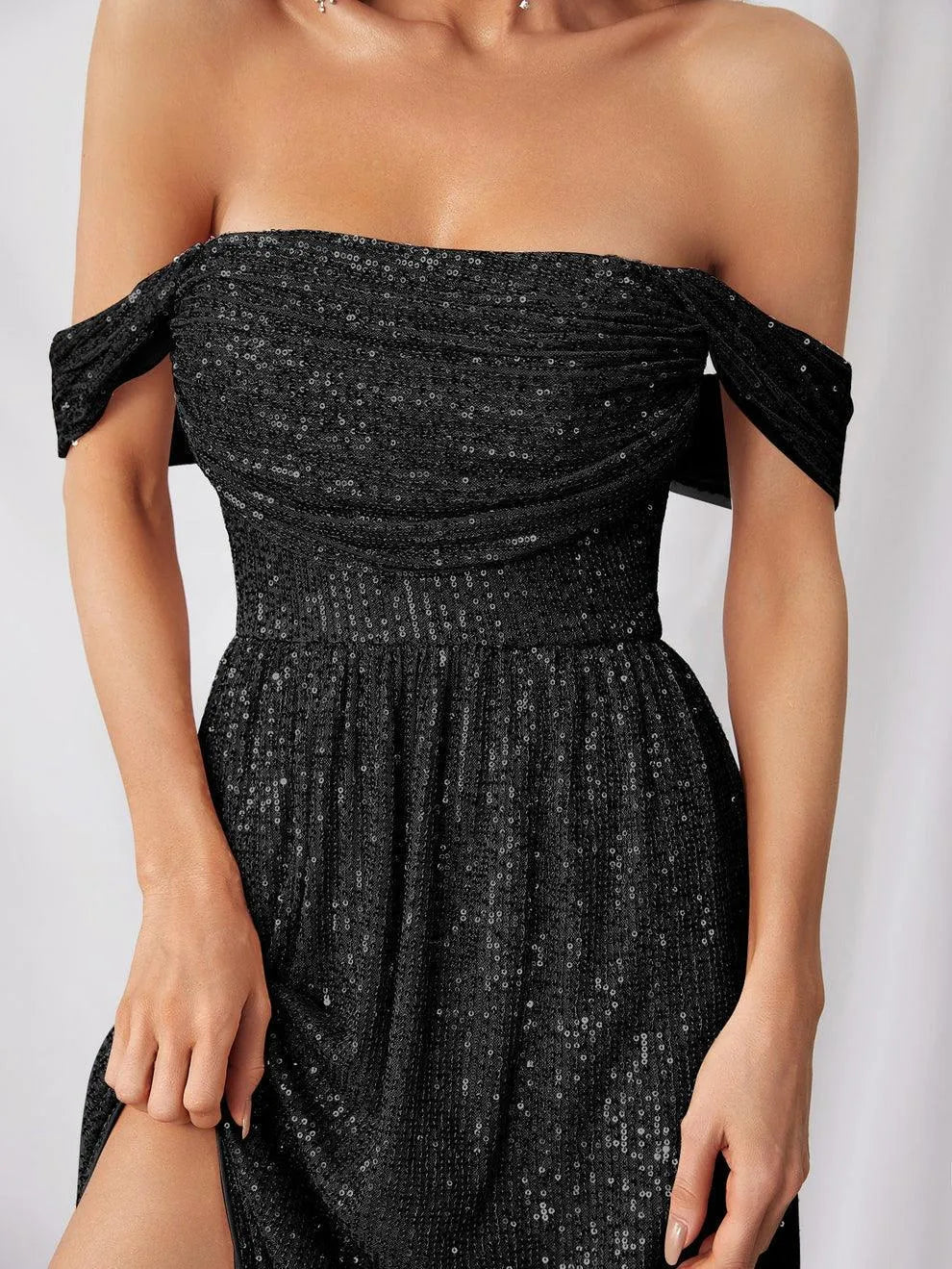 Elegant Off Shoulder Split Thigh Sequin Party Dress - Elonnashop