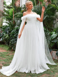 Off Shoulder Ruched Front Cloak Sleeve Mesh Wedding Dress - Elonnashop