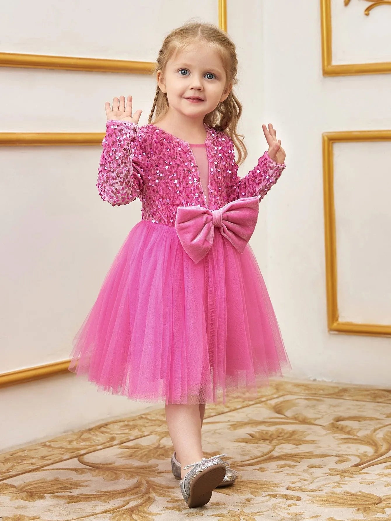 Young Girls' Cute Bow Front Long Sleeve Party Dress - Elonnashop