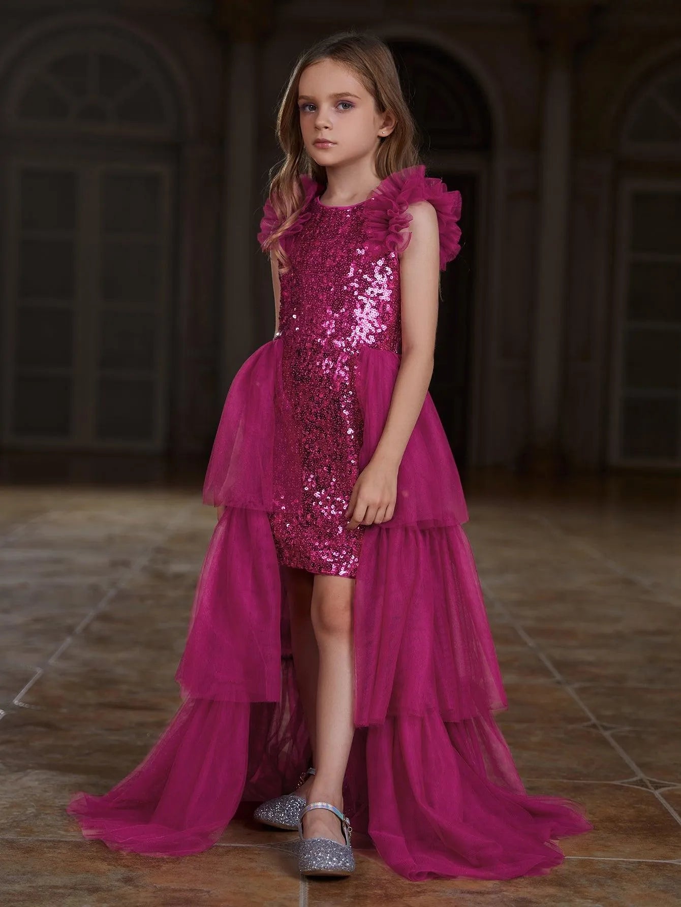 Tween Girls' Sleeveless Mesh Layered Hem Sequin Party Dress - Elonnashop