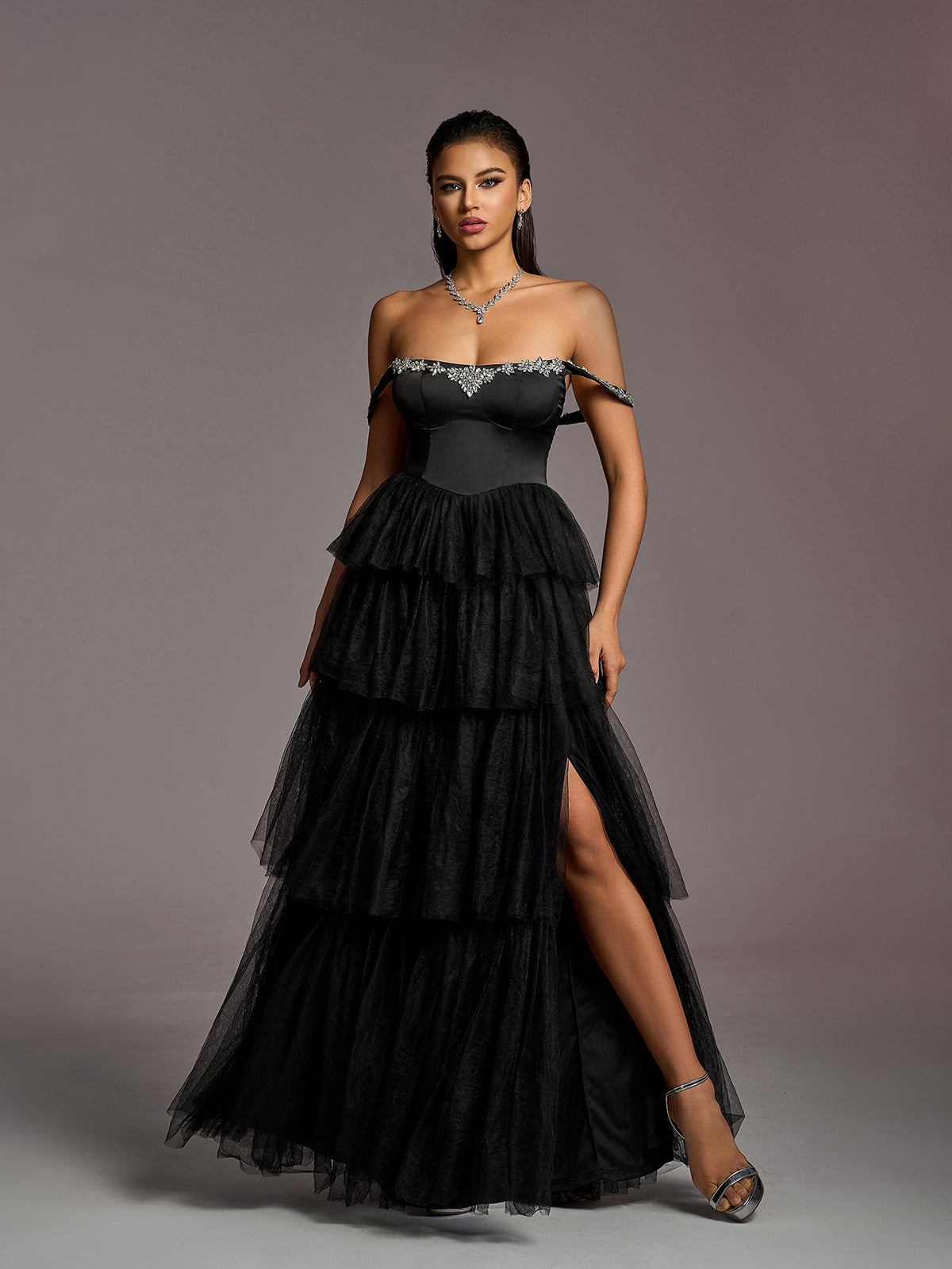 Elegant Rhinestone Decoration Off Shoulder Satin Bodice Tulle Layered Hem Prom Dress Wedding Dress