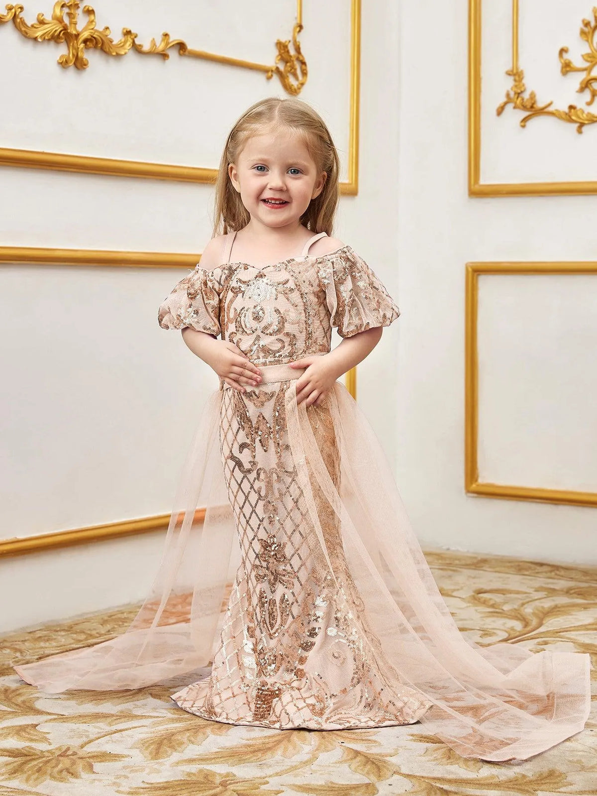 Young Girls' Sweetheart Collar Puff Sleeves Mesh Overlay Sequin Dress - Elonnashop